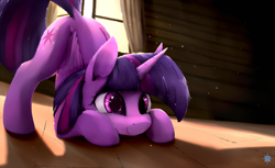 Size: 1800x1100 | Tagged: dead source, safe, artist:noctilucent-arts, imported from derpibooru, twilight sparkle, alicorn, pony, behaving like a cat, cute, dock, dust motes, face down ass up, female, mare, smiling, solo, sunlight, twiabetes, twilight cat, twilight sparkle (alicorn), window