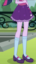 Size: 612x1080 | Tagged: safe, imported from derpibooru, screencap, sci-twi, twilight sparkle, dance magic, equestria girls, spoiler:eqg specials, clothes, cropped, female, fence, legs, mary janes, pictures of legs, ponytail, sci-twi outfits, shoes, skirt, socks, solo, tree