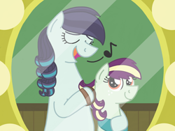 Size: 2048x1536 | Tagged: safe, artist:kindheart525, imported from derpibooru, coloratura, oc, oc:pristine melody, earth pony, pony, kindverse, eyes closed, hairbrush, looking at you, magical lesbian spawn, mirror, mother and daughter, offspring, parent:applejack, parent:coloratura, parents:rarajack, pregnant, pregnant rara, singing, story included