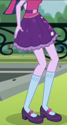 Size: 578x1080 | Tagged: safe, imported from derpibooru, screencap, sci-twi, twilight sparkle, dance magic, equestria girls, spoiler:eqg specials, clothes, cropped, female, fence, legs, mary janes, parking lot, pictures of legs, ponytail, sci-twi outfits, shoes, skirt, socks, solo, tree