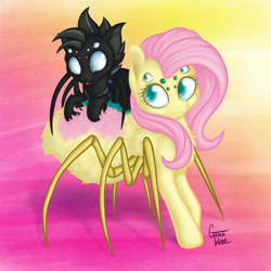 Size: 1700x1700 | Tagged: safe, artist:gracewolf, imported from derpibooru, fluttershy, oc, oc:crucible, changeling, monster pony, original species, spider, spiderling, spiderpony, cute, cuteling, fluffy, shyabetes, species swap, spidershy
