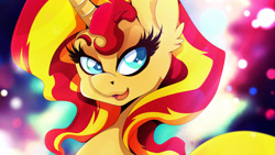 Size: 1920x1080 | Tagged: safe, artist:rariedash, imported from derpibooru, sunset shimmer, pony, unicorn, beautiful, colored pupils, female, looking back, mare, solo, wallpaper