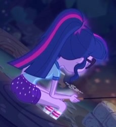 Size: 259x283 | Tagged: safe, imported from derpibooru, screencap, sci-twi, twilight sparkle, equestria girls, legend of everfree, ass, butt, camp everfree outfits, clothes, cropped, female, glasses, log, rear view, sci-twibutt, shorts, socks, solo, twibutt