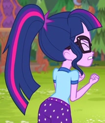 Size: 492x575 | Tagged: safe, imported from derpibooru, screencap, sci-twi, twilight sparkle, equestria girls, legend of everfree, ass, butt, camp everfree outfits, clothes, cropped, eyes closed, female, glasses, sci-twibutt, shorts, solo, tree