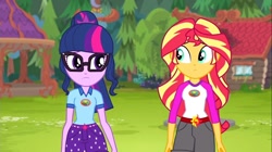 Size: 1100x618 | Tagged: safe, imported from derpibooru, screencap, sci-twi, sunset shimmer, twilight sparkle, equestria girls, legend of everfree, camp everfree outfits, clothes, crescent moon, glasses, moon, shorts, sun, totem pole, tree