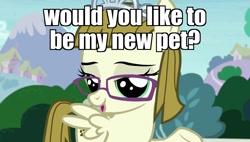 Size: 1920x1090 | Tagged: safe, edit, edited screencap, imported from derpibooru, screencap, zippoorwhill, pegasus, pony, forever filly, bedroom eyes, bronybait, caption, female, filly, glasses, image macro, implied bdsm, implied femdom, implied pet play, jewelry, lidded eyes, meme, pet play, solo, tiara