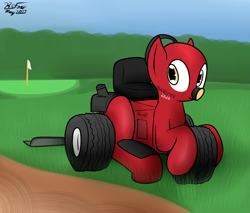 Size: 1329x1132 | Tagged: safe, artist:the-furry-railfan, imported from derpibooru, oc, oc only, oc:geoff the sand pro, object pony, original species, wheelpone, badumsquish approved, flag, golf course, grass, ponified, sand, solo
