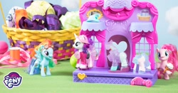 Size: 1200x628 | Tagged: safe, imported from derpibooru, pinkie pie, rainbow dash, rarity, pony, brushable, irl, my little pony logo, official, photo, toy
