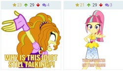 Size: 480x276 | Tagged: safe, edit, imported from derpibooru, adagio dazzle, sour sweet, derpibooru, dance magic, equestria girls, spoiler:eqg specials, clothes, crystal, freckles, gloves, jewelry, juxtaposition, meme, meta, open mouth, ponytail, simple background, skirt, white background, yelling