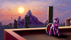 Size: 1920x1080 | Tagged: safe, artist:cosmalumi, artist:its-gloomy, imported from derpibooru, twilight sparkle, alicorn, pegasus, pony, building, city, cloud, female, floppy ears, mare, mountain, rooftop, sky, skyscraper, solo focus, sun, twilight sparkle (alicorn)