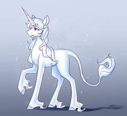 Size: 1150x1050 | Tagged: safe, artist:cosmalumi, artist:its-gloomy, imported from derpibooru, classical unicorn, pony, unicorn, amalthea, gradient background, gray background, lady amalthea, leonine tail, simple background, solo, the last unicorn, unshorn fetlocks