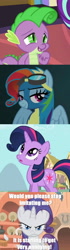 Size: 1000x3594 | Tagged: safe, edit, edited screencap, imported from derpibooru, screencap, rainbow dash, rarity, spike, twilight sparkle, dragon, celestial advice, look before you sleep, newbie dash, the cutie pox, alternate hairstyle, angry, annoyed, behaving like rarity, impersonating, meme, rainbow fash, rarity hair, rarity mane, text