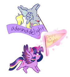 Size: 900x993 | Tagged: safe, artist:cubbybatdoodles, imported from derpibooru, derpy hooves, twilight sparkle, alicorn, pony, banner, female, flag, flying, lesbian, magic, mare, shipping, simple background, telekinesis, transparent background, twerpy, twilight sparkle (alicorn)