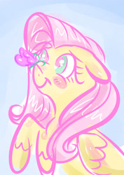 Size: 2893x4092 | Tagged: safe, artist:yasikins, imported from derpibooru, fluttershy, butterfly, pony, absurd resolution, blush sticker, blushing, bust, female, floppy ears, insect on nose, looking at something, portrait, smiling, solo