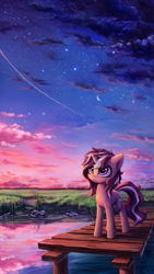 Size: 2000x3556 | Tagged: safe, artist:inowiseei, imported from derpibooru, oc, oc only, pony, unicorn, cloud, cloudy, commission, cottagecore, cute, ear fluff, female, freckles, grass, looking up, mare, moon, night, ocbetes, outdoors, pier, reflection, scenery, scenery porn, shooting star, signature, sky, smiling, solo, standing, stars, twilight (astronomy), wallpaper, water