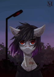 Size: 916x1300 | Tagged: safe, artist:margony, imported from derpibooru, oc, oc only, pony, bandage, bandaid, bandaid on nose, blood, bruised, bust, clothes, colored pupils, commission, ear fluff, female, hoodie, lamppost, looking at you, mare, solo, tree