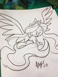 Size: 900x1200 | Tagged: safe, artist:tonyfleecs, imported from derpibooru, princess celestia, alicorn, pony, female, filly, long tail, mare, solo, spread wings, traditional art, wings