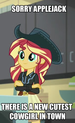 Size: 464x758 | Tagged: safe, imported from derpibooru, sunset shimmer, dance magic, equestria girls, spoiler:eqg specials, clothes, cowboy hat, cowgirl, crossed arms, female, hat, image macro, meme, skirt, solo, text