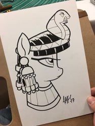 Size: 900x1200 | Tagged: safe, artist:tonyfleecs, imported from derpibooru, queen cleopatrot, pony, black and white, bust, female, grayscale, jewelry, mare, monochrome, portrait, solo, traditional art