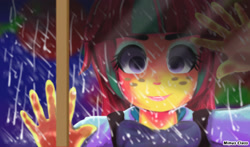 Size: 2550x1500 | Tagged: safe, artist:minusclass, imported from derpibooru, sour sweet, equestria girls, friendship games, clothes, creepy, female, freckles, looking at you, rain, smiling, solo, stalker, window