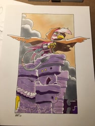 Size: 900x1200 | Tagged: safe, artist:tonyfleecs, imported from derpibooru, griffon, castle, cloud, hood, majestic, ruins, solo, stairs, traditional art