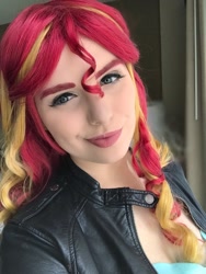 Size: 901x1200 | Tagged: safe, artist:maddymoiselle, imported from derpibooru, sunset shimmer, human, equestria girls, clothes, cosplay, costume, irl, irl human, jacket, leather jacket, photo, selfie, smiling, smirk, solo, wig