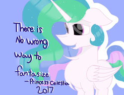 Size: 512x393 | Tagged: safe, artist:littlelynxs04, imported from derpibooru, princess celestia, pony, celestial advice, blue background, chest fluff, female, quote, simple background, solo, there is no wrong way to fantasize