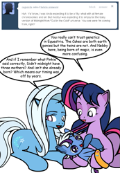 Size: 415x600 | Tagged: safe, artist:dekomaru, imported from derpibooru, trixie, twilight sparkle, oc, oc:nebula, pony, unicorn, tumblr:ask twixie, ask, baby, baby pony, colt, female, lesbian, magical lesbian spawn, male, mare, offspring, parent:trixie, parent:twilight sparkle, parents:twixie, shipping, tumblr, twixie