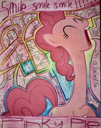 Size: 1024x1299 | Tagged: safe, artist:project-parallel, imported from derpibooru, pinkie pie, pony, female, long neck, misspelling, solo, traditional art, wat