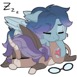 Size: 500x500 | Tagged: safe, artist:curiouskeys, imported from derpibooru, oc, oc only, oc:curious keys, oc:vertical lift, hinny, pegasus, pony, unicorn, chibi, glasses, hoof sucking, simple background, sleeping, transparent background, zzz