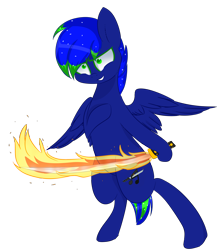 Size: 1858x2141 | Tagged: safe, artist:little-sketches, artist:php146, imported from derpibooru, oc, oc only, oc:audio jack, pegasus, pony, bipedal, fire, flaming sword of fire, male, shrunken pupils, simple background, solo, stallion, sword, transparent background, weapon