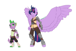 Size: 2100x1400 | Tagged: safe, artist:joan-grace, imported from derpibooru, spike, twilight sparkle, alicorn, anthro, dragon, unguligrade anthro, alternate universe, armor, hoof hands, rebellion, simple background, spread wings, twilight sparkle (alicorn), white background, wings