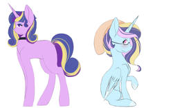 Size: 2700x1700 | Tagged: safe, artist:mah521, imported from derpibooru, oc, oc only, alicorn, pony, unicorn, female, half-siblings, magical lesbian spawn, mare, offspring, parent:princess cadance, parent:trixie, parent:twilight sparkle, parents:tridance, parents:twidance, simple background, sitting, white background