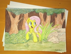 Size: 2411x1832 | Tagged: safe, artist:sentireaeris, imported from derpibooru, fluttershy, pegasus, pony, female, grass, happy, mare, open mouth, smiling, solo, traditional art, tree