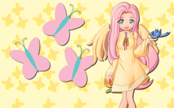 Size: 2560x1600 | Tagged: safe, artist:alicehumansacrifice0, artist:angriestangryartist, artist:ooklah, edit, imported from derpibooru, fluttershy, human, clothes, cutie mark, cutie mark background, dress, female, humanized, solo, wallpaper, wallpaper edit