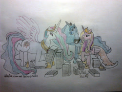 Size: 2048x1536 | Tagged: safe, artist:tails-zet, imported from derpibooru, princess cadance, princess celestia, princess luna, alicorn, pony, building, city, giantess, giantlestia, macro, signature, traditional art