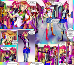 Size: 2361x2064 | Tagged: safe, artist:brother-lionheart, imported from derpibooru, applejack, sunset shimmer, comic:twisted sunset, equestria girls, comic, crossover, jojo's bizarre adventure, older, shizuka joestar, spanish, translation