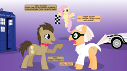 Size: 1920x1080 | Tagged: safe, artist:mandydax, edit, imported from derpibooru, doctor whooves, fluttershy, time turner, earth pony, pegasus, pony, back to the future, bowtie, checkered flag, crossover, delorean, dialogue, doc brown, doctor who, glasses, inkscape, male, ponified, stallion, tardis, the doctor, vector, wallpaper, wallpaper edit