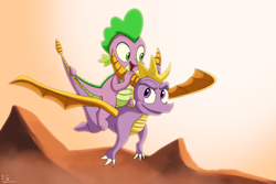 Size: 1920x1280 | Tagged: safe, artist:egstudios93, imported from derpibooru, spike, dragon, crossover, dragons riding dragons, flying, riding, spike riding spyro, spyro the dragon, spyro the dragon (series)