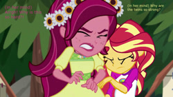 Size: 1280x720 | Tagged: safe, edit, edited screencap, imported from derpibooru, screencap, gloriosa daisy, sunset shimmer, equestria girls, legend of everfree, camp everfree, camp everfree outfits, clenched teeth, eyes closed, flower, flower in hair, gritted teeth, pregnant, pregnant edit, tree