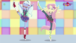 Size: 1920x1080 | Tagged: safe, imported from derpibooru, screencap, fluttershy, sugarcoat, dance magic, equestria girls, spoiler:eqg specials, ballet slippers, clothes, converse, cute, dancing, duo, eyes closed, female, flexible, glasses, ponied up, pony ears, pose, shoes, skirt, sneakers, socks, sugarcoat tutu, teletoon, wings