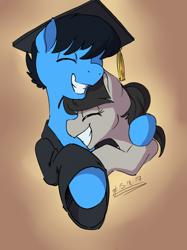 Size: 1280x1708 | Tagged: safe, artist:goat train, imported from derpibooru, octavia melody, oc, oc:strumbeat strings, pony, clothes, commission, eyes closed, female, graduation cap, hug, male, mare, smiling, stallion