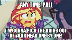 Size: 600x337 | Tagged: safe, edit, edited screencap, imported from derpibooru, screencap, sci-twi, sunset shimmer, twilight sparkle, equestria girls, friendship games, a bug's life, angry, exploitable meme, image macro, meme, memeful.com, sunset yells at twilight