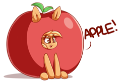 Size: 1280x858 | Tagged: safe, artist:graphene, imported from derpibooru, applejack, earth pony, pony, apple, applejack becoming an apple, clothes, costume, female, food, food costume, food transformation, impossibly large ears, mare, silly, silly pony, simple background, solo, that pony sure does love apples, transformation, white background, who's a silly pony