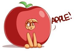 Size: 2320x1555 | Tagged: safe, artist:graphene, imported from derpibooru, applejack, earth pony, pony, apple, apple costume, applejack becoming an apple, clothes, costume, cute, dialogue, eye clipping through hair, female, food, food costume, food transformation, jackabetes, mare, silly, silly pony, simple background, solo, that pony sure does love apples, transformation, white background, who's a silly pony