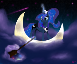 Size: 3000x2500 | Tagged: safe, artist:angiepeggy2114, imported from derpibooru, princess luna, pony, cloud, female, macro, magic, moon, oar, pony bigger than a planet, shooting star, solo, stars, tangible heavenly object, telekinesis