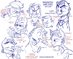 Size: 1280x1024 | Tagged: safe, artist:dilarus, deleted from derpibooru, imported from derpibooru, oc, oc only, earth pony, pegasus, pony, unicorn, beard, clothes, facial hair, glasses, male, moustache, sketch, sketch dump, stallion