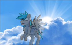 Size: 1019x638 | Tagged: safe, artist:marsminer, imported from derpibooru, oc, oc only, oc:lightning blitz, pony, chest fluff, cloud, flying, irl, photo, solo, sun, tongue out