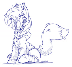 Size: 1280x1186 | Tagged: safe, artist:dilarus, deleted from derpibooru, imported from derpibooru, oc, oc only, fox, fox pony, hybrid, clothes, commission, hoodie, looking at you, monochrome, sitting, sketch, smiling, socks, solo, striped socks