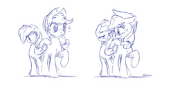 Size: 1280x640 | Tagged: safe, artist:dilarus, deleted from derpibooru, imported from derpibooru, applejack, rainbow dash, earth pony, pegasus, pony, appledash, blushing, butt touch, commission, feathermarking, female, lesbian, lidded eyes, looking at each other, mare, monochrome, raised hoof, shipping, simple background, sketch, smiling, white background